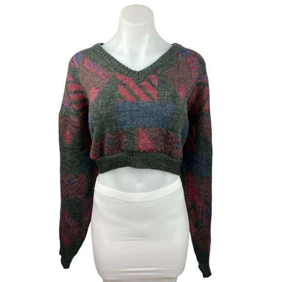 Blanche Porte Green Red V Neck Knit Pullover Cropped Sweater Top Size M - Picture 1 of 3
